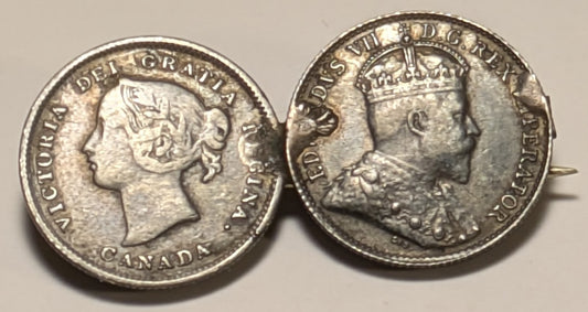 CANADA, Tie tack ~ 1892/1906 ~ Pair of Canadian dimes of Victory & Edward VII