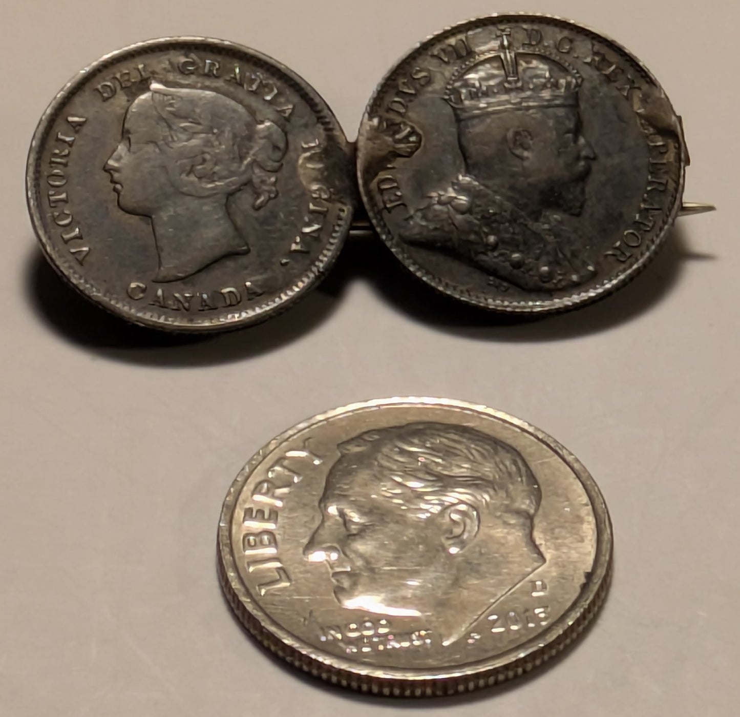 CANADA, Tie tack ~ 1892/1906 ~ Pair of Canadian dimes of Victory & Edward VII