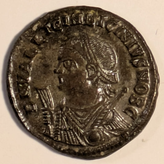 ROME, Licinius Junior, as Caesar ~ 317-324 (this 317-318) ~ Silvered Reduced Follis (2.95g) ~ Laureate, draped bust l, hldg mappa, globe, scepter ~ Jupiter stg l, hldg Victory, captive at feet AMANT in ex. ~ RIC-7, 29, SR-15415 ~ Ch. toned EF