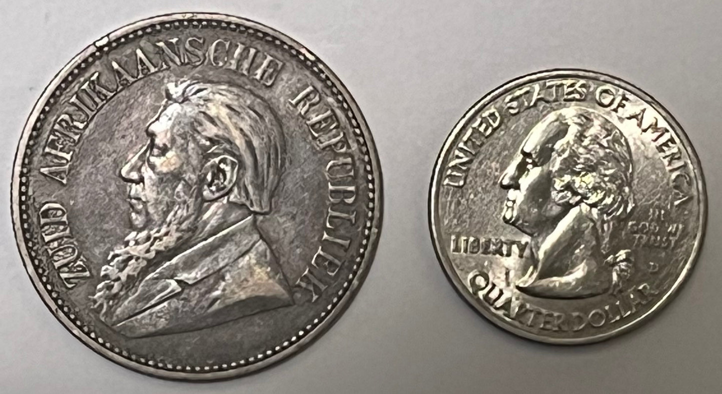 SOUTH AFRICA, Zuid Afrikaansche Republiek ~ 1894 ~ 2 1/2 Shillings ~ Bust of Paul Kruger left, "ZUID AFRIKAANSCHE REPUBLIEK" ~ Flagged Arms, banner, eagle, Date and denomination around. Better date ~ Y-6, KM-7 ~ Toned VF+, rb