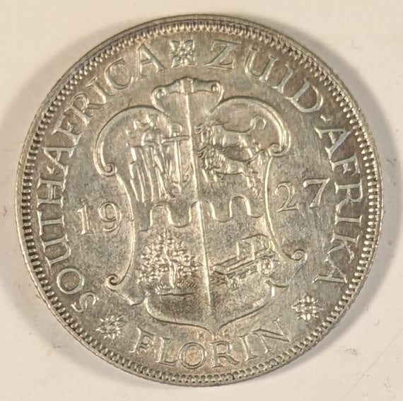 SOUTH AFRICA, Union of So. Africa, Dominion  ~ 1927 ~ 1 Florin ~ Crowned bust of George V left ~ Arms divides date. Denomination as FLORIN.  ~ Y-20, KM-18 ~ VF/EF