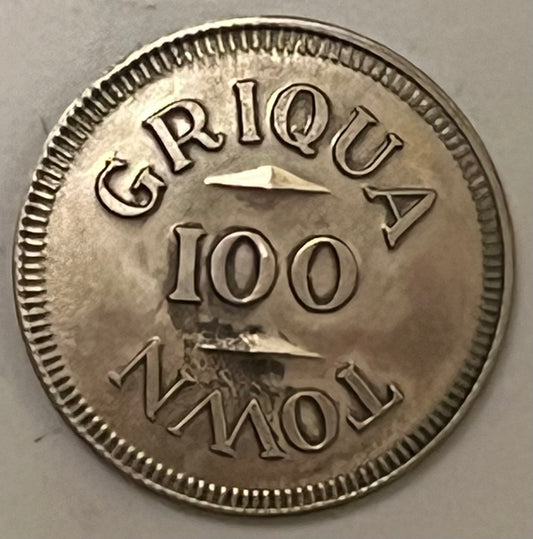 SOUTH AFRICA, Griquatown ~ ND (1970s?) ~ Silver 100 Pence ~ Fantasy Missionary issue ~ GRIQUA above 100, TOWN below ~ Dove with olive branch ~ 6.42g ~ Bruce-X1 ~ Toned Unc