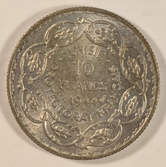 TUNISIA, French Protectorate with Muh’d ~ al-Amin Bey. 1364/1944 ~ 10 Francs ~ Rare two year type ~ Y-55a, KM-269, Lec-341  ~ Ch. BU, lightly toned