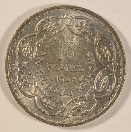 TUNISIA, French Protectorate with Muh’d ~ al-Amin Bey. 1364/1944 ~ 10 Francs ~ Rare two year type ~ Y-55a, KM-269, Lec-341  ~ Ch. BU, lightly toned