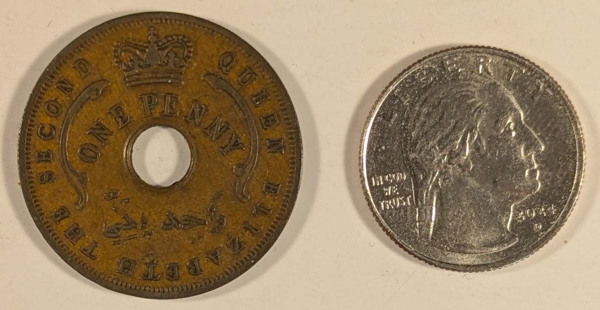 BRITISH WEST AFRICA, Elizabeth II ~ 1957-(K)N ~ Penny ~ This is the coin that Krause lists as N mint error as the K is barely visible ~ Rare, listed by Krause as an Error ~ Y-39, KM-33 ~ VF