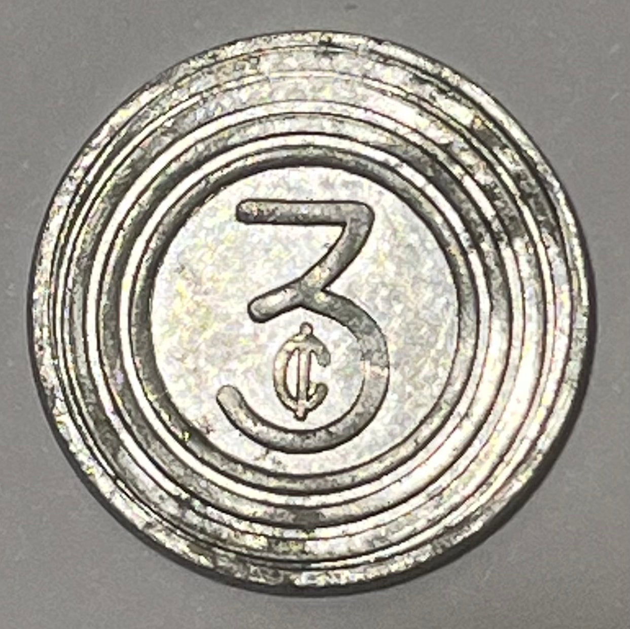 CHINA, Shanghai, Transportation Token ~ ND ~ Aluminum 25mm round ~ Bus to right "THE CHINA GENERAL OMNIBUS CO. LTD." in 3 lines ~ Large 3¢ in 3 circles ~ Smith-720G ~ EF