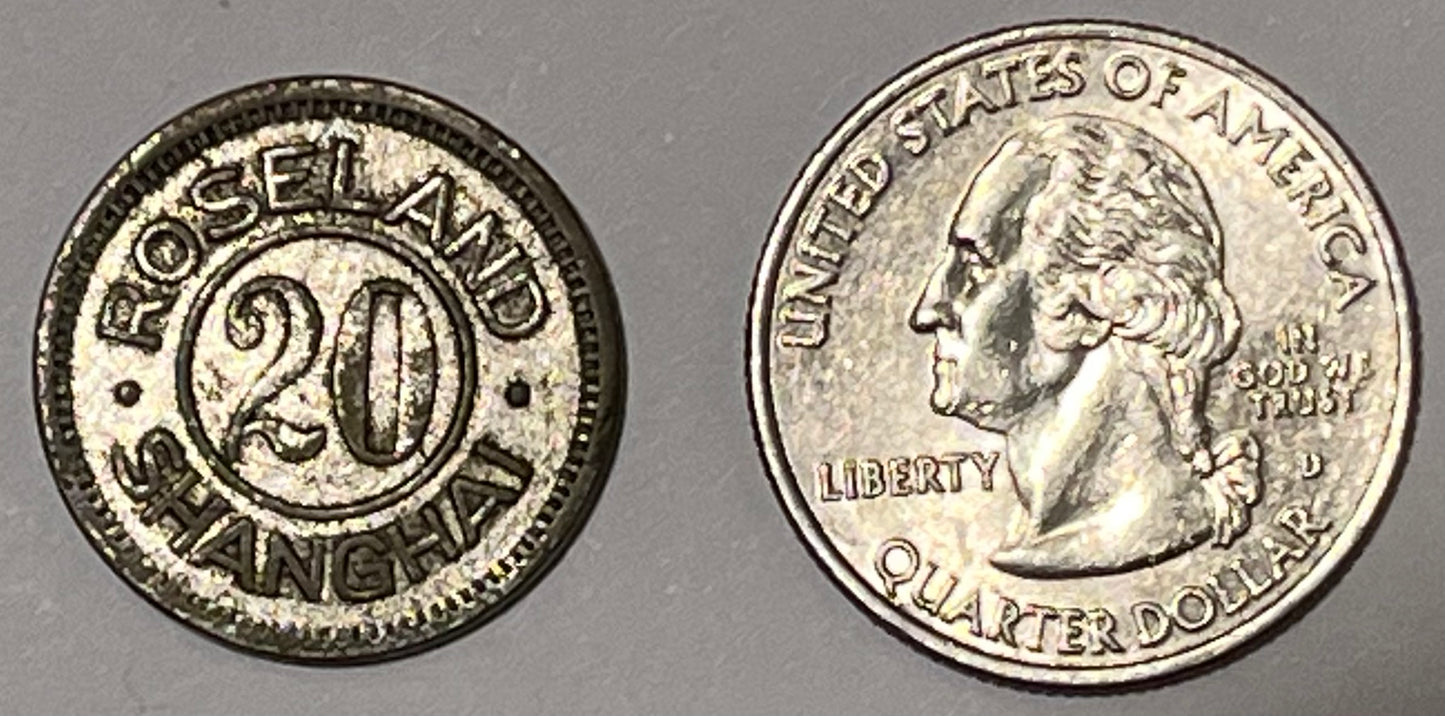 CHINA, Shanghai, Good For Trade Token ~ 1930s? ~ Nickel-plated brass 21mm round ~ "ROSELAND/SHANGHAI" around 20 ~ "GOOD FOR TRADE" around 20 ~ TC-180489 ~ VF