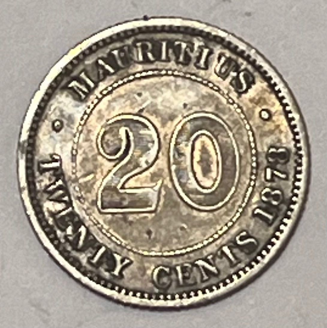 MAURITIUS, Victoria ~ 1878 ~ Silver 20 Cents ~ 2nd toughest date ~ Y-5, KM-11 ~ VF