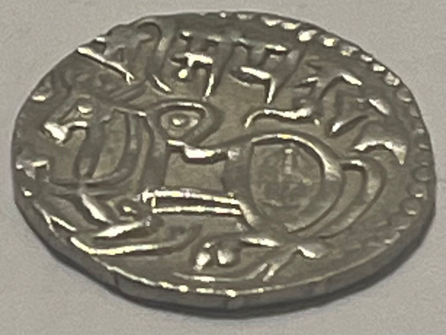 INDIA, Hindu Shahi Dynasty, Samanta Deva c. 950 AD ~ Silver Drachm (3.32g) ~ Mounted Horseman riding right ~ Humped bull seated left ~ As Mitch NIS 117-120 ~ Gd VF