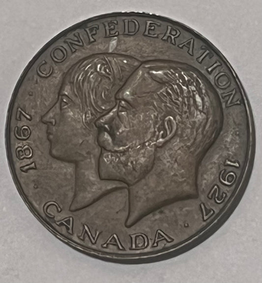CANADA, 60th Anniversary of Confederation ~ 1927 ~ AE27 ~ Conjoined busts of George V and Mary left ~ Arms ~ TC-234773 ~ EF+