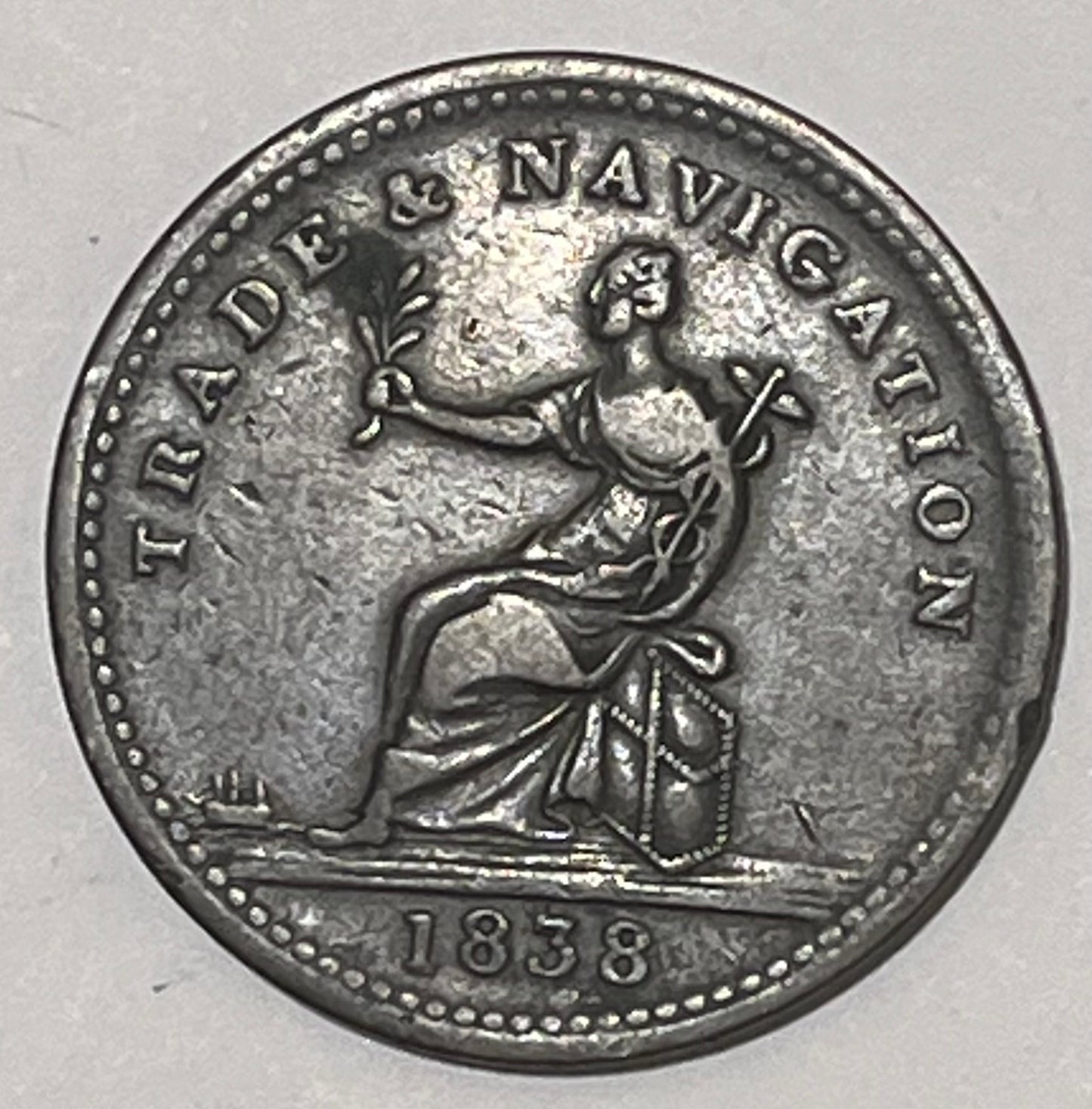 BRITISH GUIANA, Private Token Coinage ~ 1838 ~ Stiver ~ female seated on bale of hay left. Issued by Mr. Balgarmie a dry goods merchant ~ PURE COPPER PREFERABLE TO PAPER around 1 STIVER ~ KM-TN1, Pridore-60, Rulau ~ F-VF
