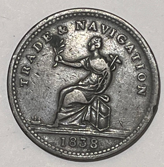 BRITISH GUIANA, Private Token Coinage ~ 1838 ~ Stiver ~ female seated on bale of hay left. Issued by Mr. Balgarmie a dry goods merchant ~ PURE COPPER PREFERABLE TO PAPER around 1 STIVER ~ KM-TN1, Pridore-60, Rulau ~ F-VF