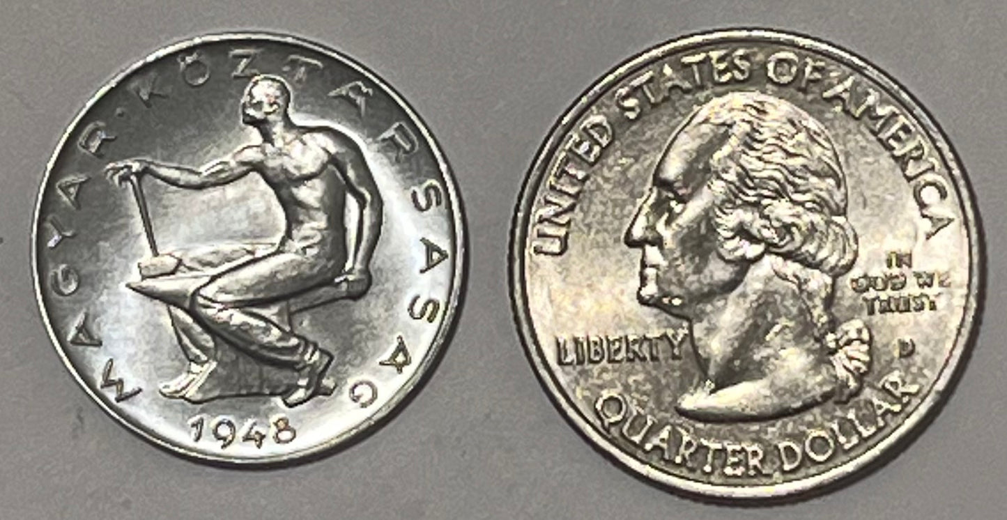 HUNGARY, First Republic ~ 1948 ~ 50 Filler ~ Blacksmith sitting on anvil ~ Denomination within wreath ~ KM-536, Y-62 ~ CH, BU