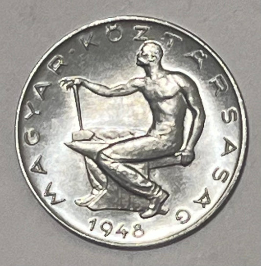 HUNGARY, First Republic ~ 1948 ~ 50 Filler ~ Blacksmith sitting on anvil ~ Denomination within wreath ~ KM-536, Y-62 ~ CH, BU