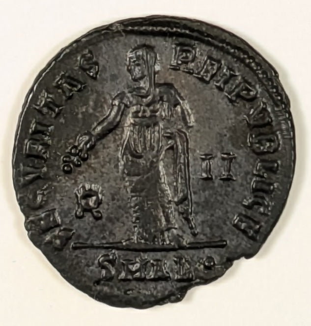 ROMAN EMPIRE, Helena, mother of Constantine ~ Died 329 ~ Æ3 (2.75g) Centonionalis ~ Diademed, draped bust right FL HELENA AVGVSTA ~ Security stg left w branch in r hand wreath in l. field II in r, SMALL dot, ALEXANDRIA mint ~ RIC-53, SR-16632 ~ Ch. E