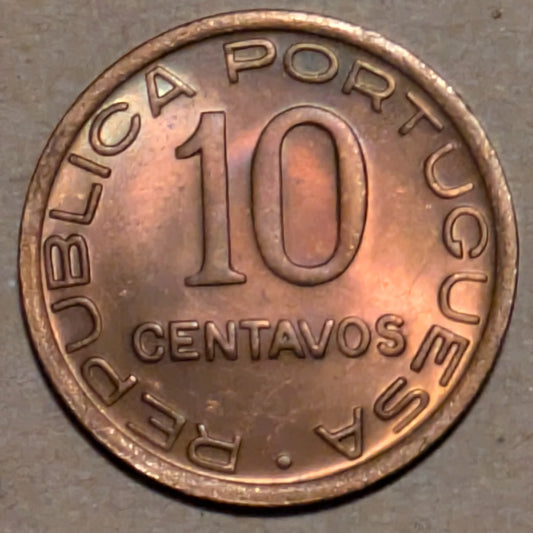 MOZAMBIQUE, Portuguese Colony ~ 1942 ~ 10 Centavos ~ One Year Type ~ Y-11, KM-72 ~ Almost fully red BU