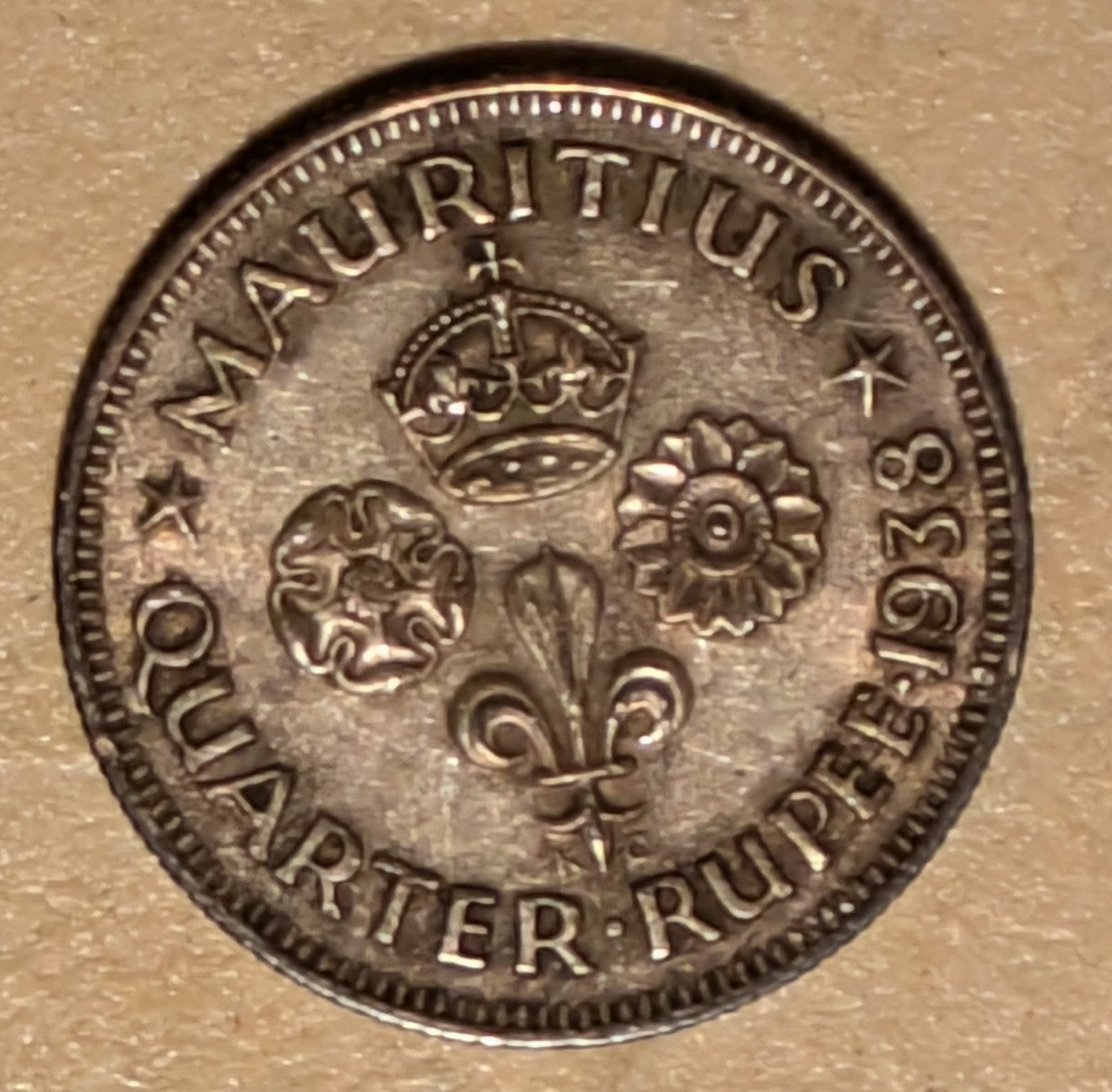 MAURITIUS, George VI ~ 1938 ~ Silver 1/4 Rupee (22k) ~ One year type ~ Y-16, KM-18 ~ Toned EF