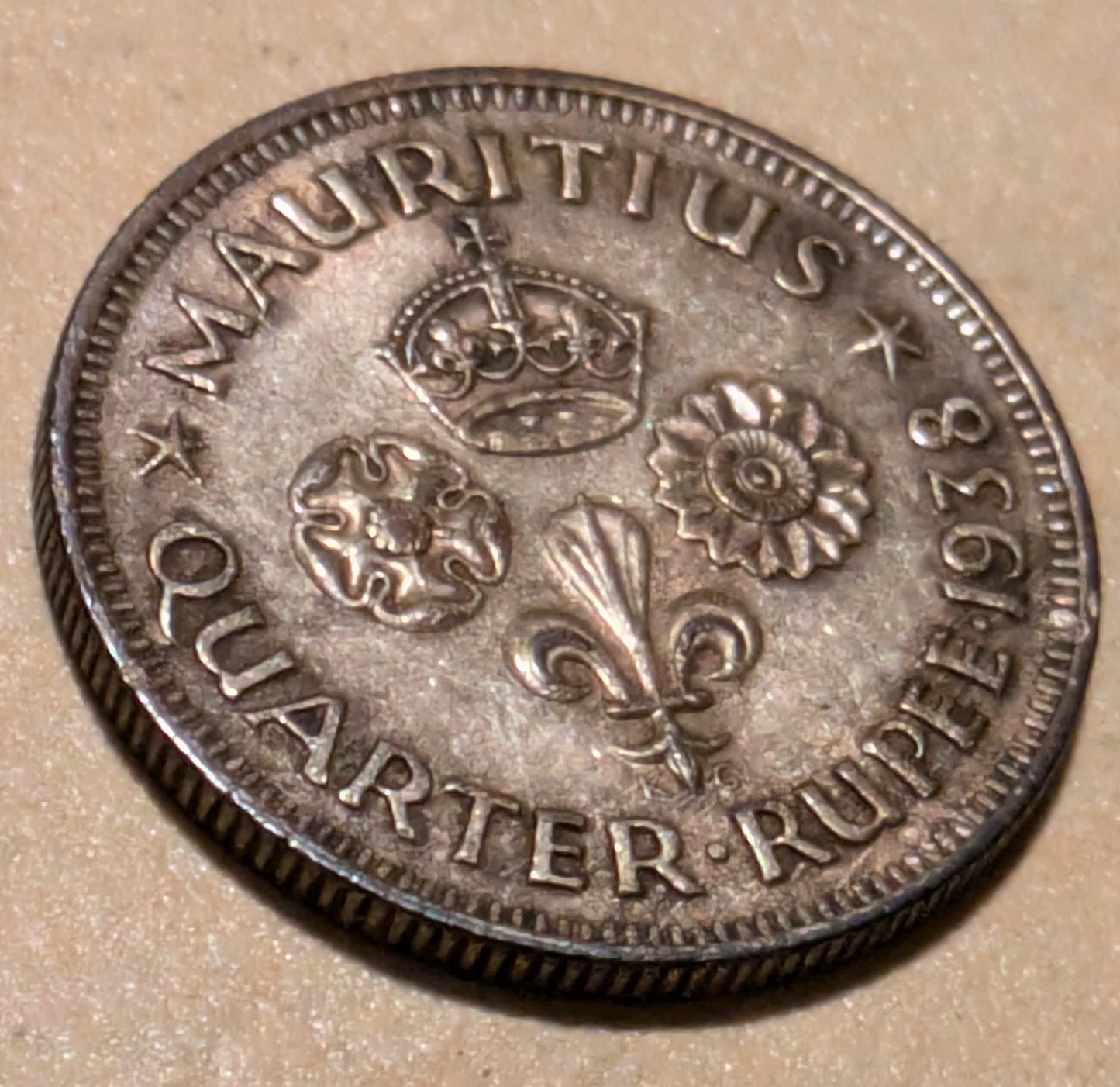 MAURITIUS, George VI ~ 1938 ~ Silver 1/4 Rupee (22k) ~ One year type ~ Y-16, KM-18 ~ Toned EF