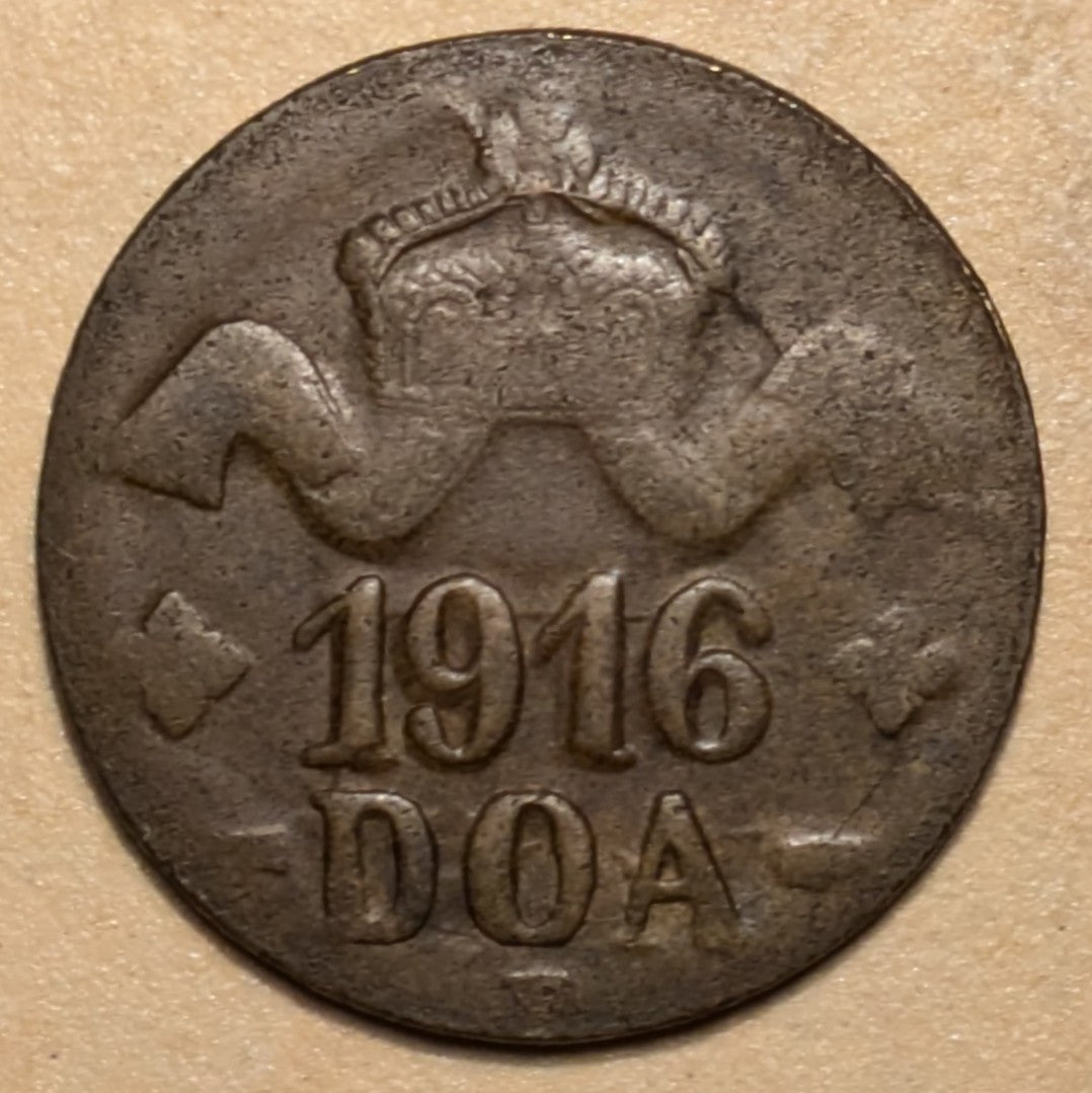 GERMAN EAST AFRICA, German East Africa Company ~ 1916-T ~ Bronze 20 Heller of Tabora ~ Crown with ribbon. Obverse Type A. Large Crown ~ Denomination in wreath. Reverse Type B, pointed tip on both L's. Scarce type ~ Y-10, KM-15 ~ VF
