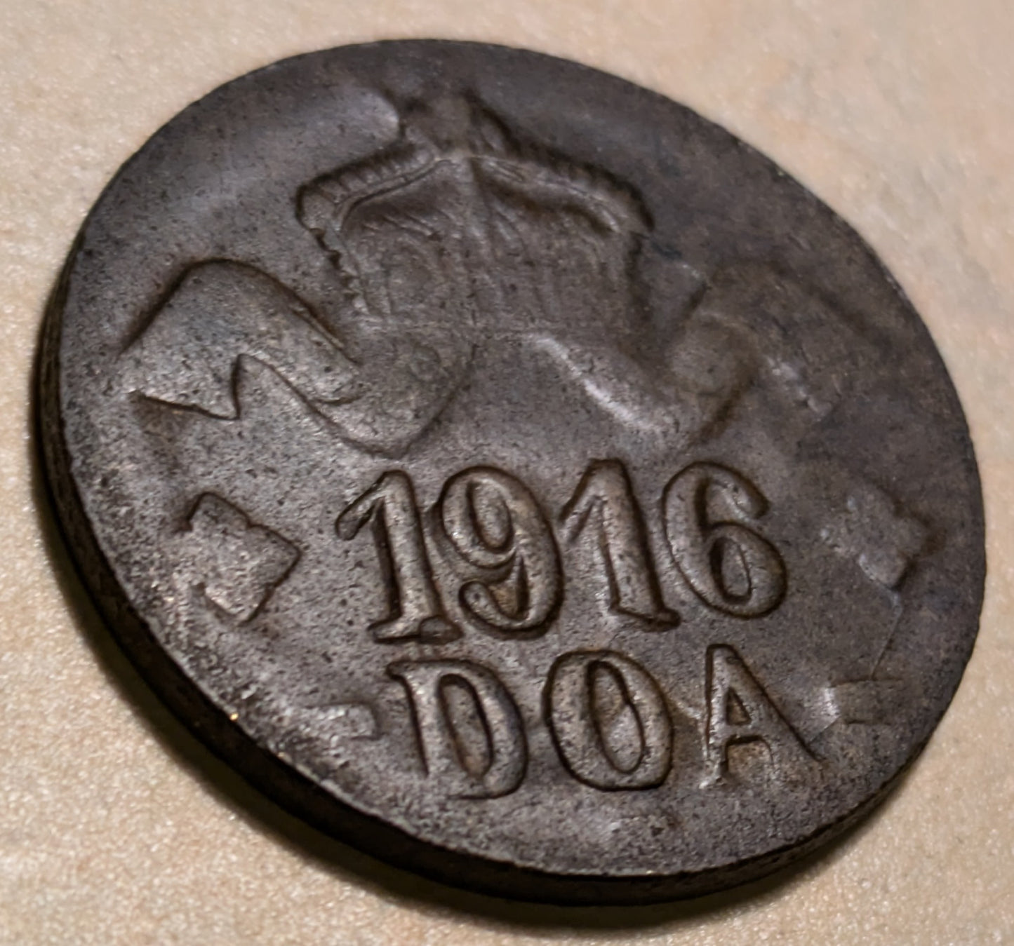 GERMAN EAST AFRICA, German East Africa Company ~ 1916-T ~ Bronze 20 Heller of Tabora ~ Crown with ribbon. Obverse Type A. Large Crown ~ Denomination in wreath. Reverse Type B, pointed tip on both L's. Scarce type ~ Y-10, KM-15 ~ VF