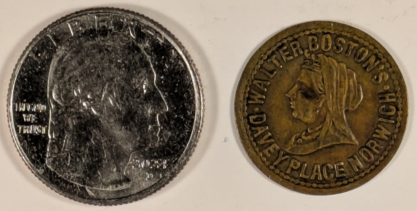 GREAT BRITAIN, Norfolk, Norwich ~ ND (19th c.) ~ AE 21mm Advertising token ~ "Walter Boston Davey Place Norwich" around bust of Queen Victoria left ~ "Walter Boston for Shoes Boots Davey Place Norwich" ~ VF