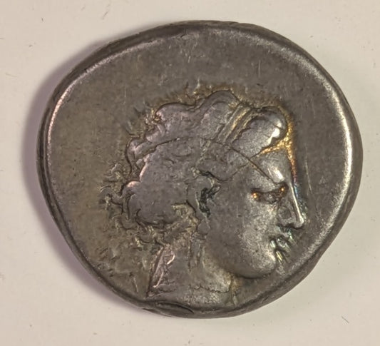 CAMPANIA, Neapolis ~ 325-241 BC ~ Silver Didrachm (7.41) ~ Head of nymph right. behind in Artemis-Hekate (head off-flan) ~ Man-headed bull right, being crowned by Nike, small monogram below ~ SG-308, SNG Cop-419 ~ Fine+, but a bit o.c., curved obv. s