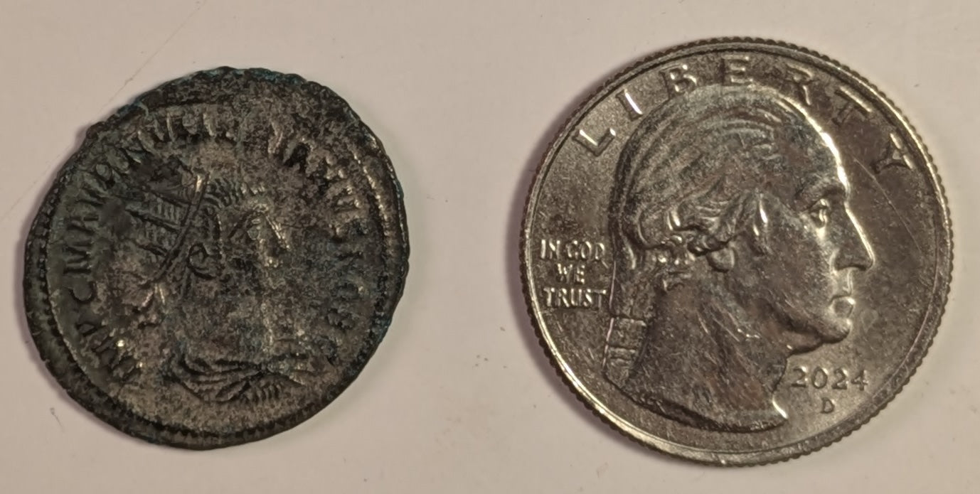 ROME, Numerian as Caesar 282-283 ~ 283-284 (283) ~ Bi Antoninianus (3.53g) ~ IMP CM AVR NVMERIANVS NOB C Radiate draped bust right. Antioch mint ~ VIRTVS AVGGG Figure on right present Victory to figure on left ~ SR-1222, RIC-378 ~ Toned VF