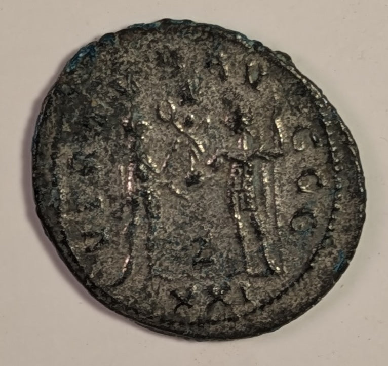 ROME, Numerian as Caesar 282-283 ~ 283-284 (283) ~ Bi Antoninianus (3.53g) ~ IMP CM AVR NVMERIANVS NOB C Radiate draped bust right. Antioch mint ~ VIRTVS AVGGG Figure on right present Victory to figure on left ~ SR-1222, RIC-378 ~ Toned VF