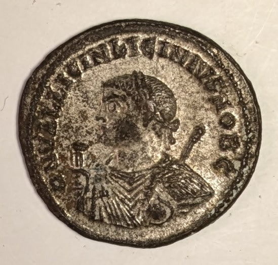 ROMAN EMPIRE, Licinius II  ~ 317-324 ~ Silvered Follios (3.14g) ~ Laur. bust left. Struck at Alexandria mintj ~ Jupiter standing left, hldg glove & sceptere, crescent to left, B to r, SMAL in ex ~ SR-15417, RIC-7, 25 ~ Ch. toned EF+