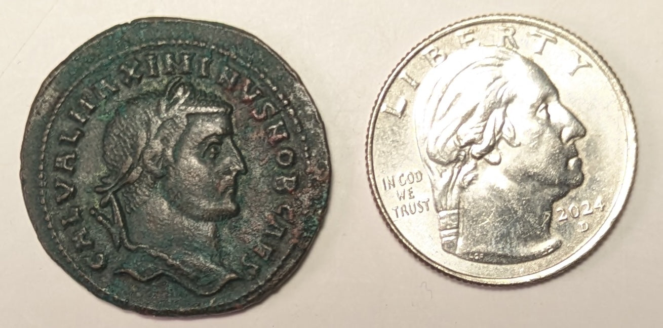 ROME, Maximinus II ~ 309-313 AD (Early 307) ~ Æ Follis (8.96g) Cyzicus ~ Laureate bust right ~ GENIO AVGG ET CAESARVM  NN Genius pouring libation from patera, KΓ in ex, star in r. field ~ RIC-VI, 26a, SR-14716 ~ VF, brown-green patina
