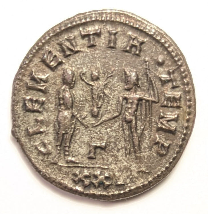 ROME, Carinus, as Augustus  ~ 283-285 AD (284) ~ Silvered Antoninianus (4.14g, 21 mm) ~ Radiate bust right IMP M AVR CARINVS PF AVG. Cyzicus mint ~ Carinus receiving Victory from Jupiter CLEMENTIA TEMP, Γ twixt, XXI in ex ~ SR-12342, RIC-324 ~ GVF