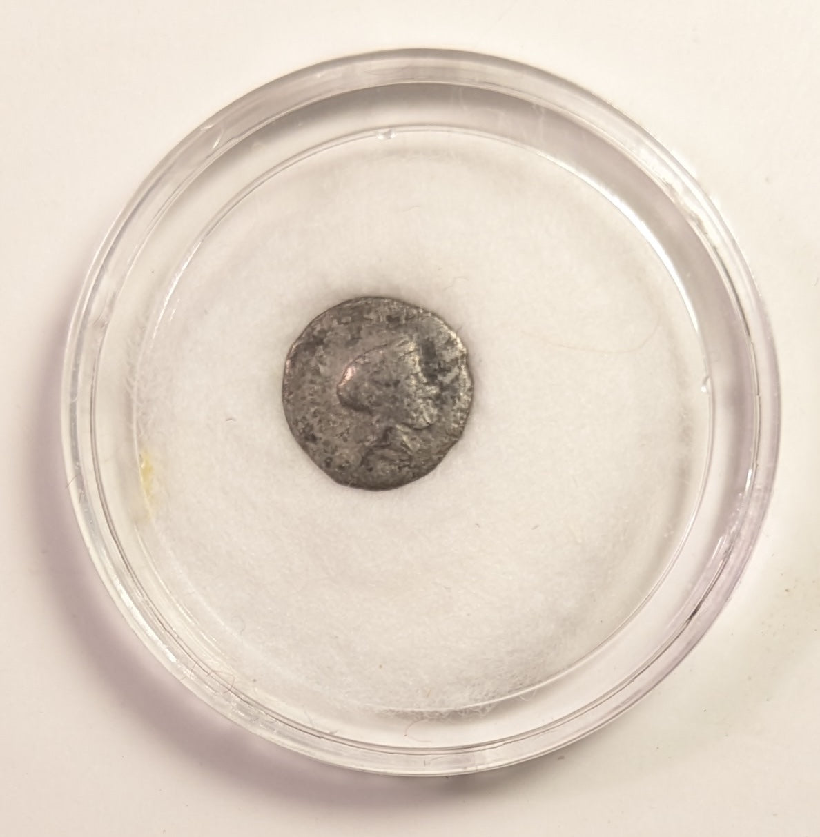 SICILY, Katane ~ c. 415-412 BC ~ Silver Tetrantes or Trionkia (.22g) ~ Laureate head of Apollo right ~ Kithara (lyre), 3 dots around. ~ Hoover-595. ~ F/F+, bit grainy. Very rare.