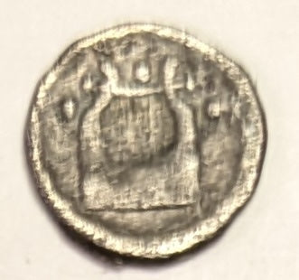 SICILY, Katane ~ c. 415-412 BC ~ Silver Tetrantes or Trionkia (.22g) ~ Laureate head of Apollo right ~ Kithara (lyre), 3 dots around. ~ Hoover-595. ~ F/F+, bit grainy. Very rare.