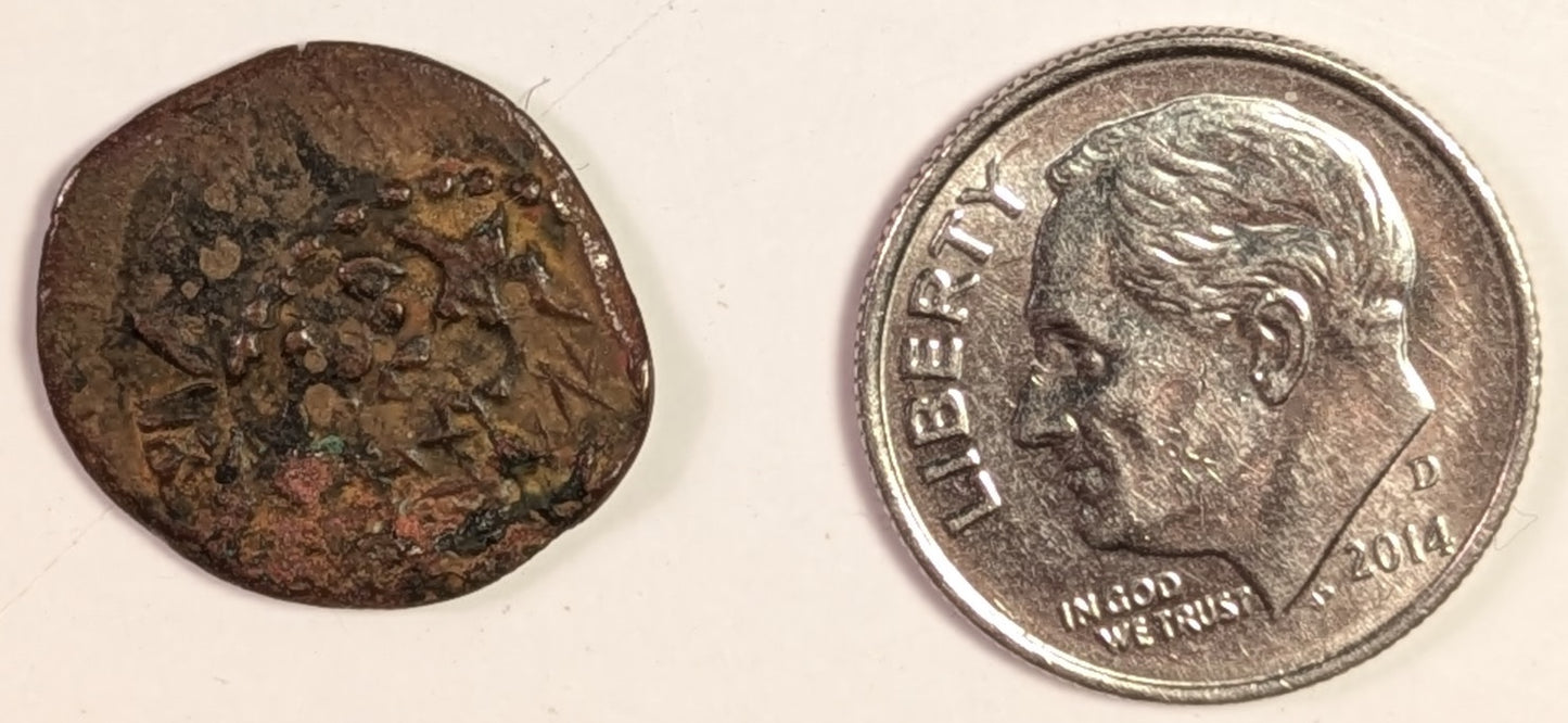 JUDAEA, Alexander Jannaeus (?) ~ 104-76 BC ~ Æ Prutah (1.69g) ~ Legends overstruck on both sides of coin! ~ Undercoin seems to be H-1152 or 1152a (Star of 8 rays) ~ F-VF