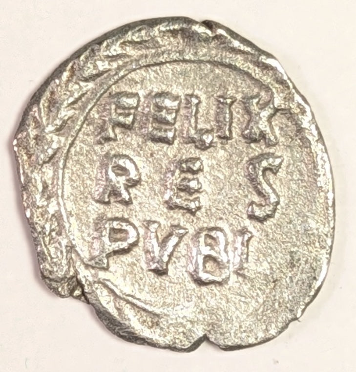 BYZANTINE, Justin II ~ 565-578 AD ~ Silver 1/2 Siliqua (1.13) of Carthage ~ Helmeted facing bust, partial legend “NVSPP” ~ FELIX RES PVBL in 3 lines ~ SB-392, MIB-32, DO-191 ~ aVF/GVF