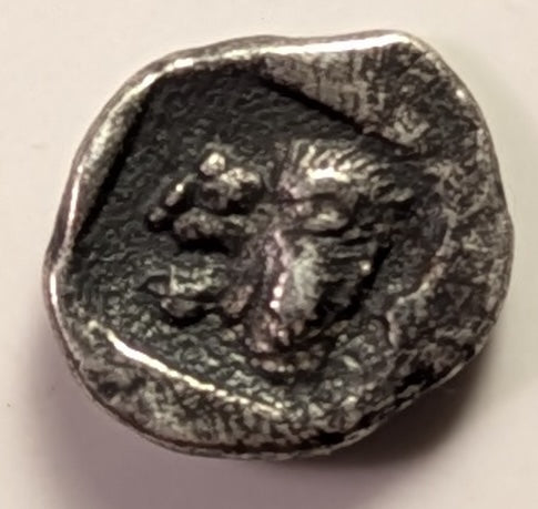 MYSIA, Cyzicus ~ 480-400 BC ~ AR Trihemitartemorion (.29g) ~ Forepart of running boar left, tunny behind ~ Head of lion left, mouth open, in incuse square. Tiny denomination = 3/8 of an obol ~ cf.BMC-120v ~ Toned VF
