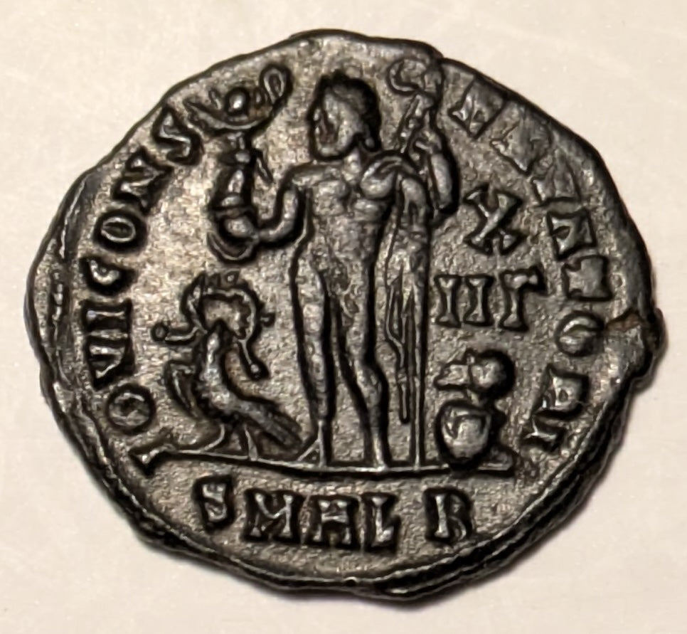 ROME, Licinius II, as Caesar (318-324) ~ 317-324 ~ AE Follis, 21 mm, 2.79g ~ Helmeted & cuir bust left, holding spear and shield DN VAL LICIN LICINIVS NOB C ~ Victory standing left, holding victory and scepter, eagle at feet to left, captive at right