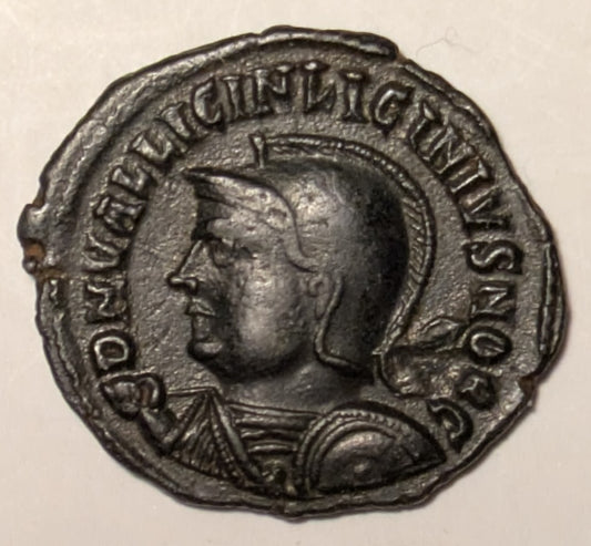 ROME, Licinius II, as Caesar (318-324) ~ 317-324 ~ AE Follis, 21 mm, 2.79g ~ Helmeted & cuir bust left, holding spear and shield DN VAL LICIN LICINIVS NOB C ~ Victory standing left, holding victory and scepter, eagle at feet to left, captive at right