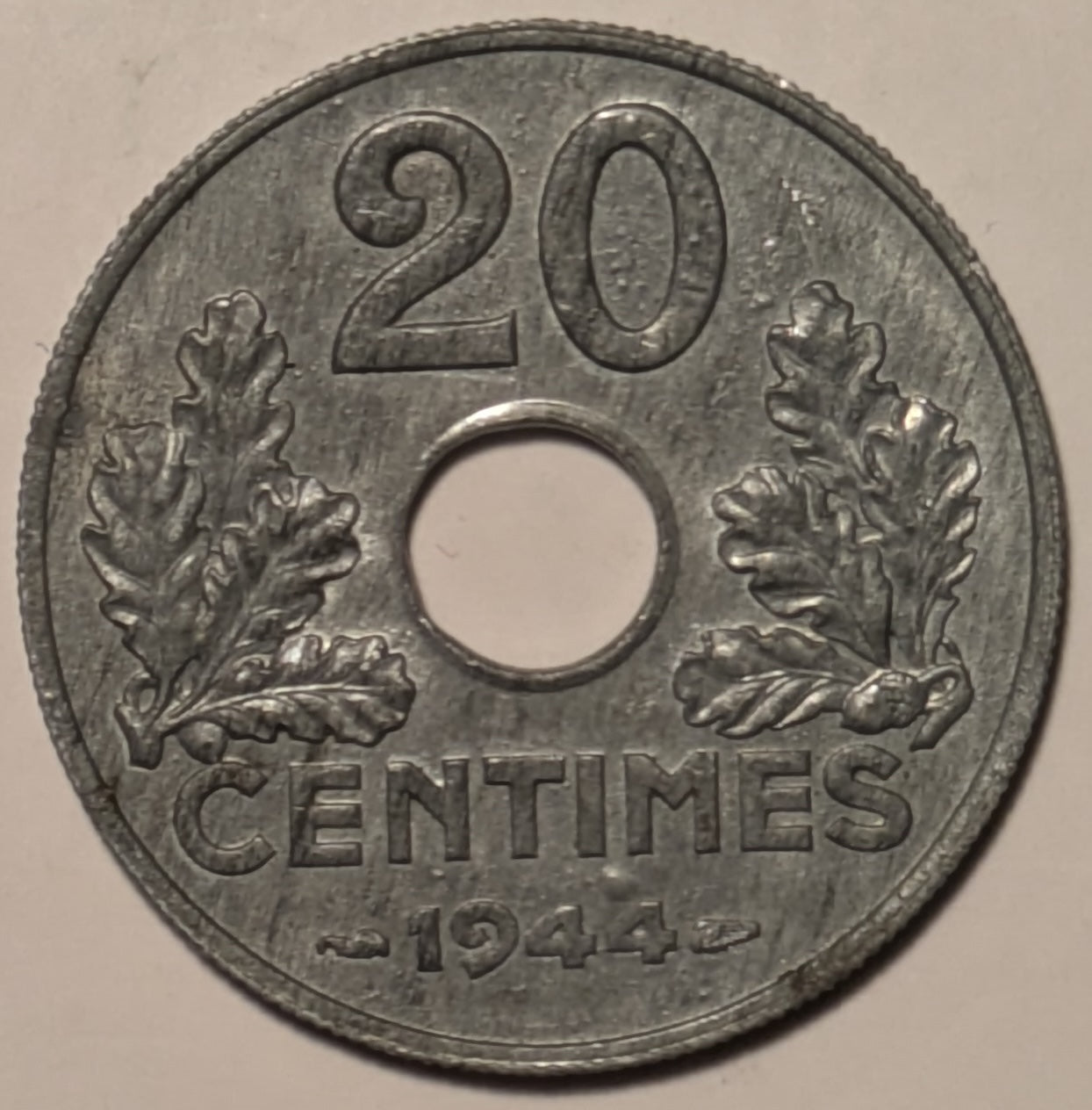 FRANCE, German Occupation (Vichy) ~ 1944 ~ Zinc 20 Centimes ~ World War II issue ~ KM-900.2, Y-V92 ~ Unc