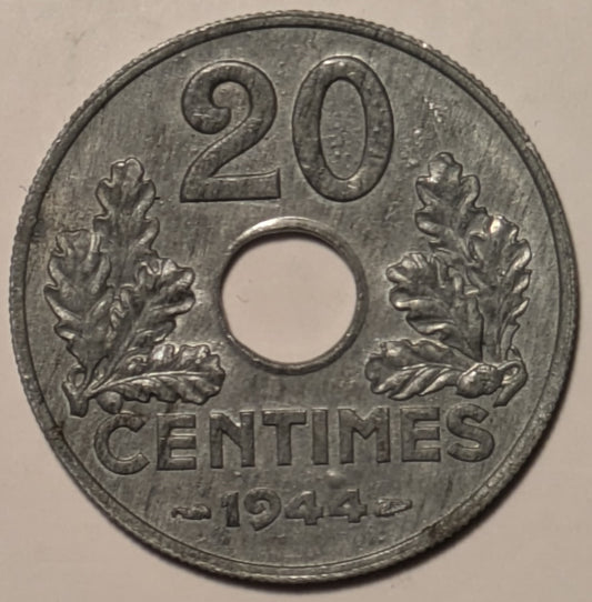 FRANCE, German Occupation (Vichy) ~ 1944 ~ Zinc 20 Centimes ~ World War II issue ~ KM-900.2, Y-V92 ~ Unc