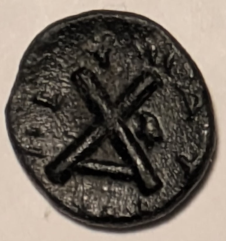 THESSALY, Peumata ~ c. 300-286 BC ~ Æ13 (1.34g) ~ Head of a nymph right, wearing wreath of oak  ~ Monogram ~ Thessalian helmet right. Rare, seldom seen locale and coin.  ~ SNG Cop-198,  Rogers 442. ~ aV