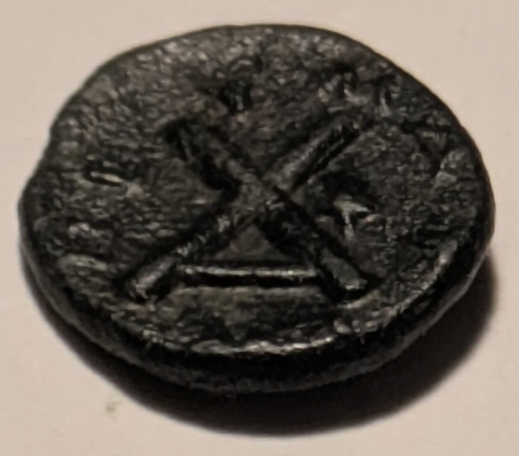 THESSALY, Peumata ~ c. 300-286 BC ~ Æ13 (1.34g) ~ Head of a nymph right, wearing wreath of oak  ~ Monogram ~ Thessalian helmet right. Rare, seldom seen locale and coin.  ~ SNG Cop-198,  Rogers 442. ~ aV