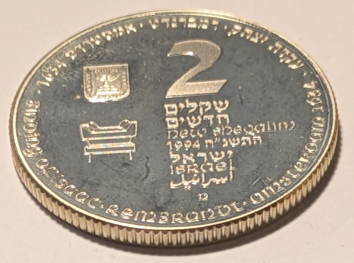 ISRAEL, Binding of Isaac ~ 1994 ~ 2 New Sheqalim ~ Biblical Arts Series ~ Rembrandt’s 1654 Amsterdam painting ~ KM-257, H-29a ~ Proof