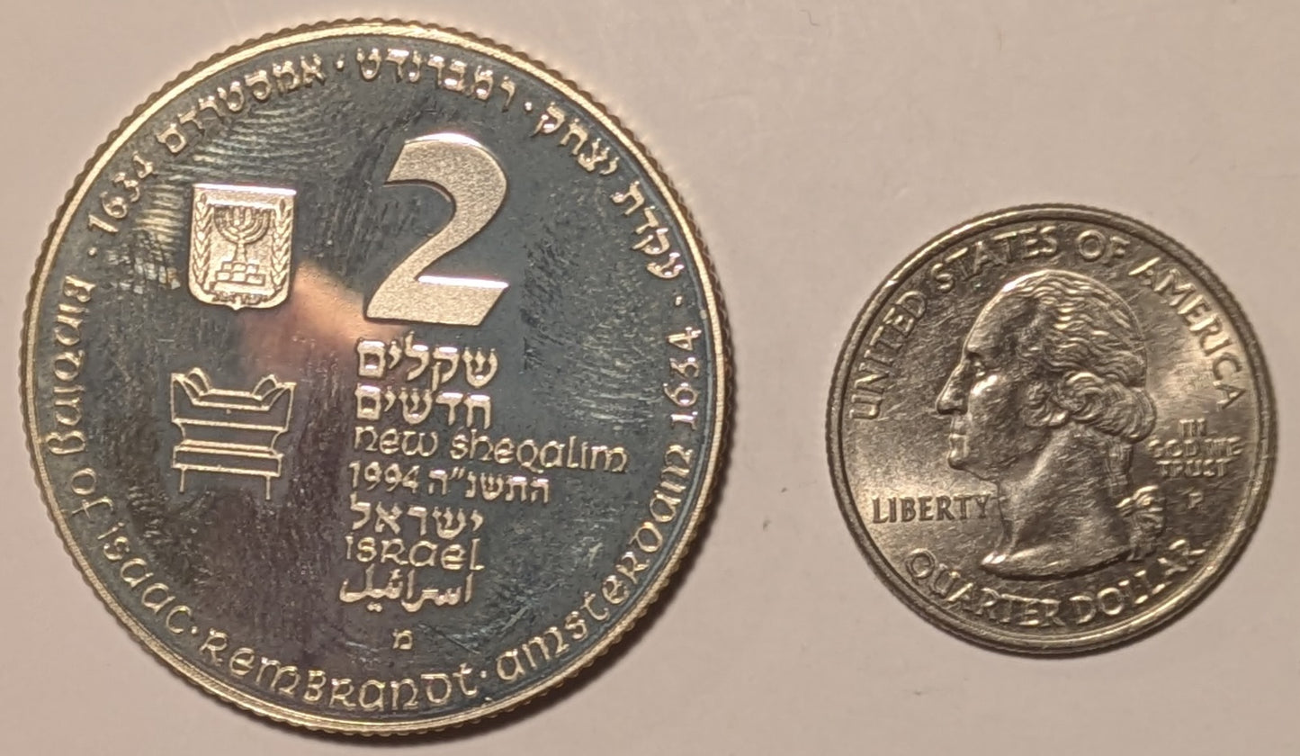 ISRAEL, Binding of Isaac ~ 1994 ~ 2 New Sheqalim ~ Biblical Arts Series ~ Rembrandt’s 1654 Amsterdam painting ~ KM-257, H-29a ~ Proof