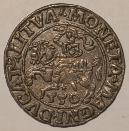 LITHUANIA, Sigismund Augustus of Poland ~ 1550 ~ Half Groschen ~ Standing eagle head left ~ Knight on horse standing left, date below ~ Gum-598 ~ Ch. toned Au-unc