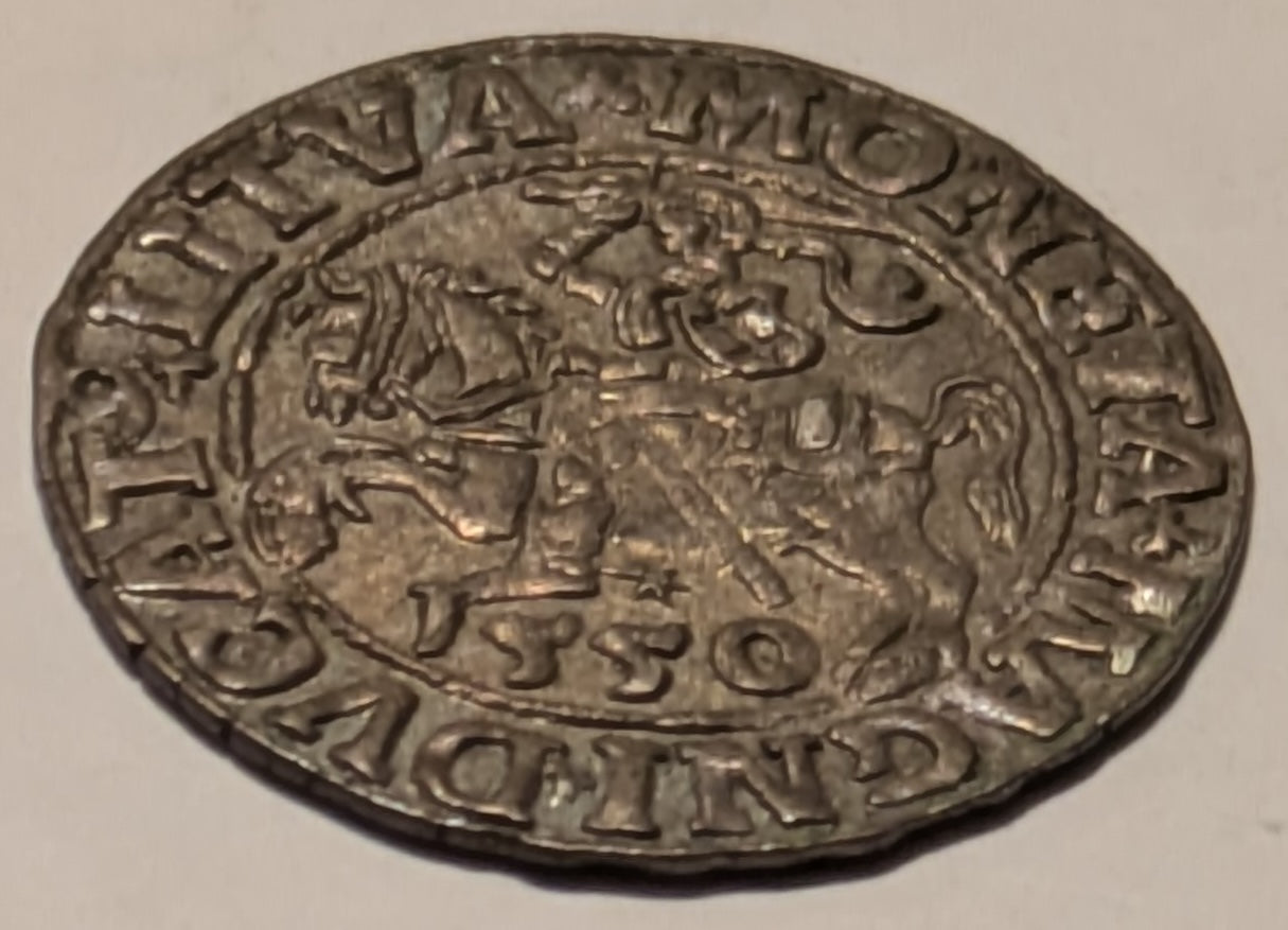 LITHUANIA, Sigismund Augustus of Poland ~ 1550 ~ Half Groschen ~ Standing eagle head left ~ Knight on horse standing left, date below ~ Gum-598 ~ Ch. toned Au-unc