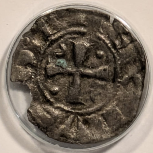 CRUSADERS, Cyprus, Hugh I ~ 1205-1218 ~ Bi Denier (.53g) ~ Cross, crescents and pellets in 1st & 4th quarters, pellets in 2nd and 3rd ~ Gateway with three battlements and door ~ CCS-12 ~ aVF, small chip