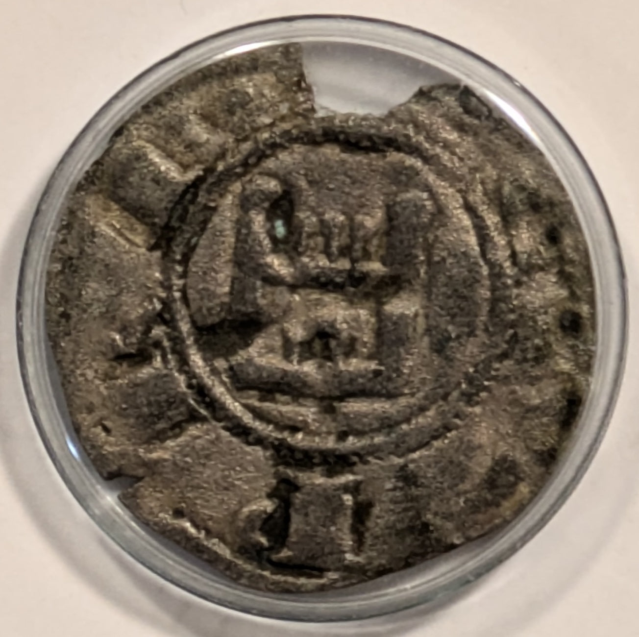 CRUSADERS, Cyprus, Hugh I ~ 1205-1218 ~ Bi Denier (.53g) ~ Cross, crescents and pellets in 1st & 4th quarters, pellets in 2nd and 3rd ~ Gateway with three battlements and door ~ CCS-12 ~ aVF, small chip